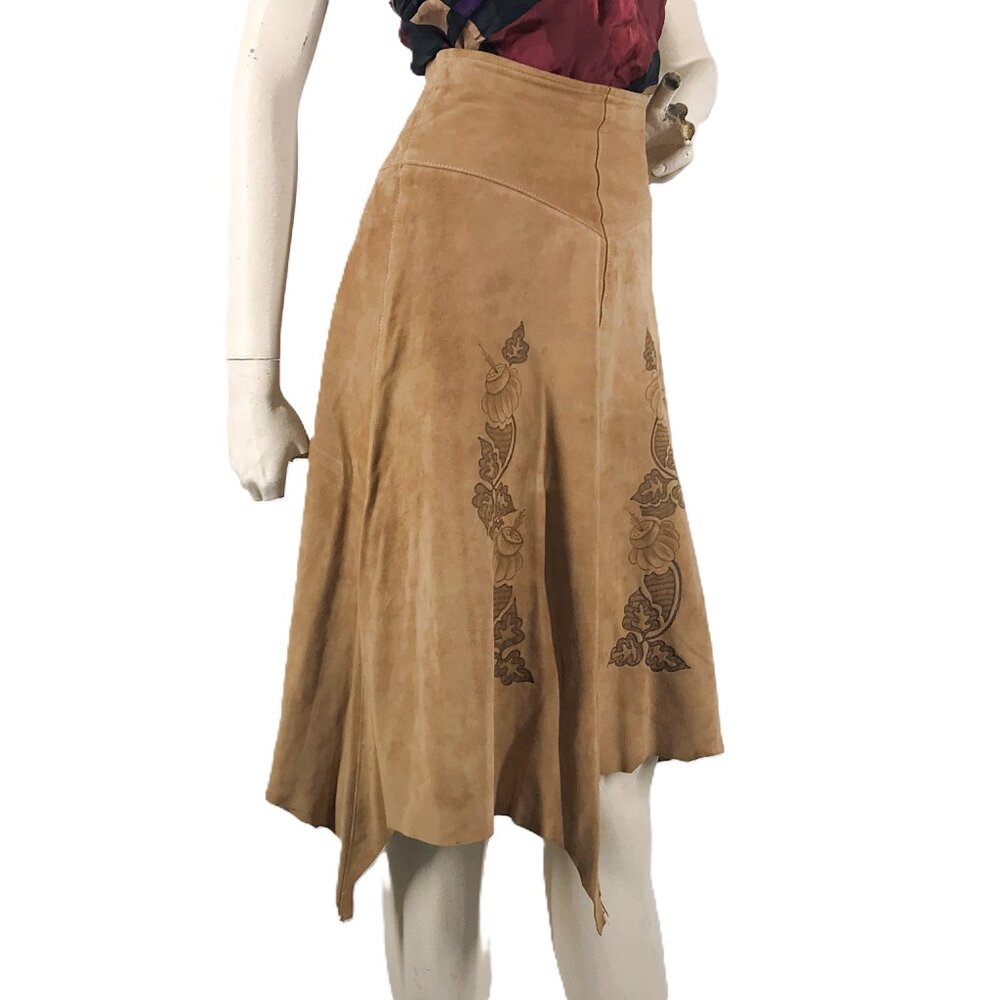Vintage Suede Skirt Handkerchief hem Floral Print Tan Deerskin Leather